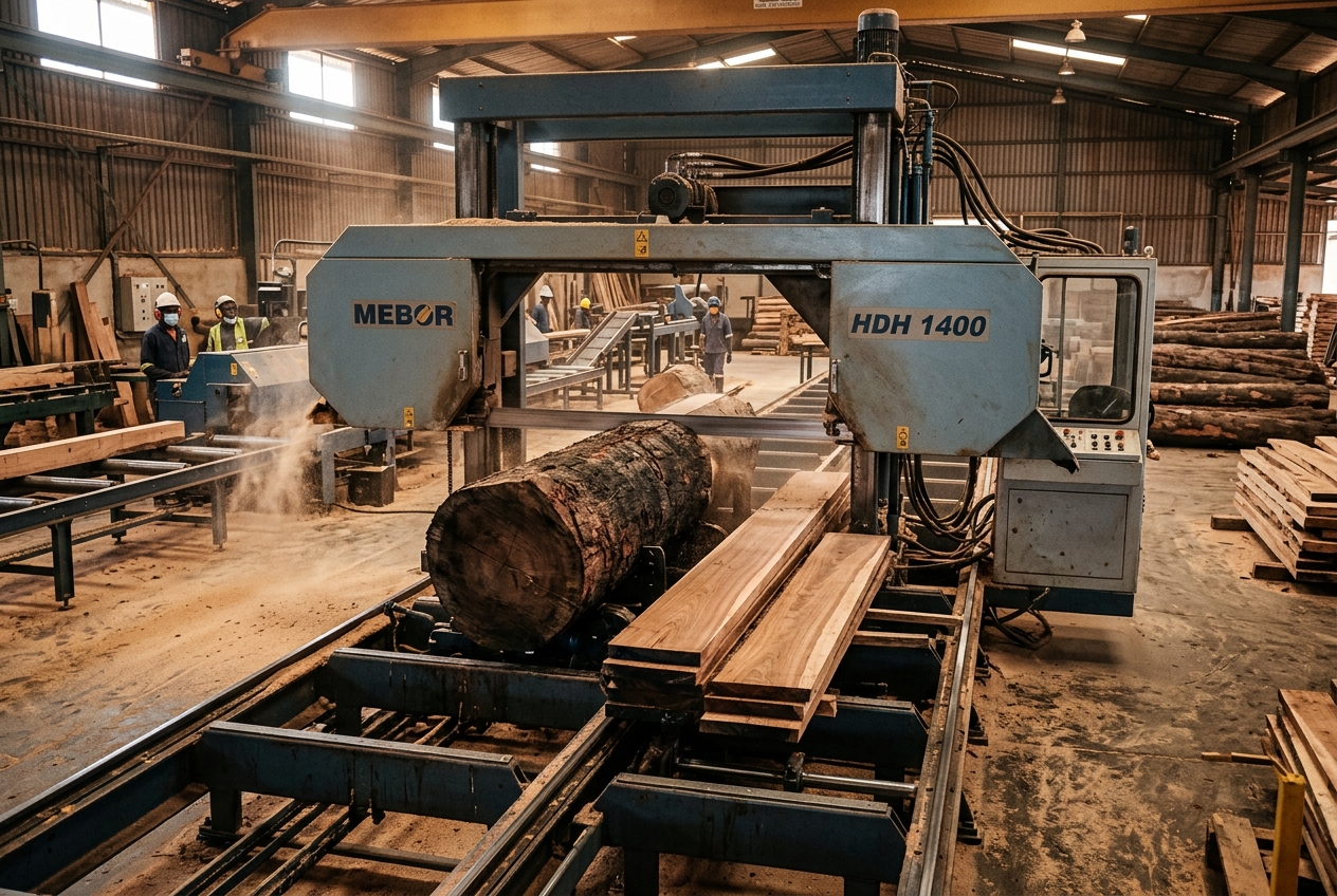 Industrial Bandsaw Processing Large Hardwood Log